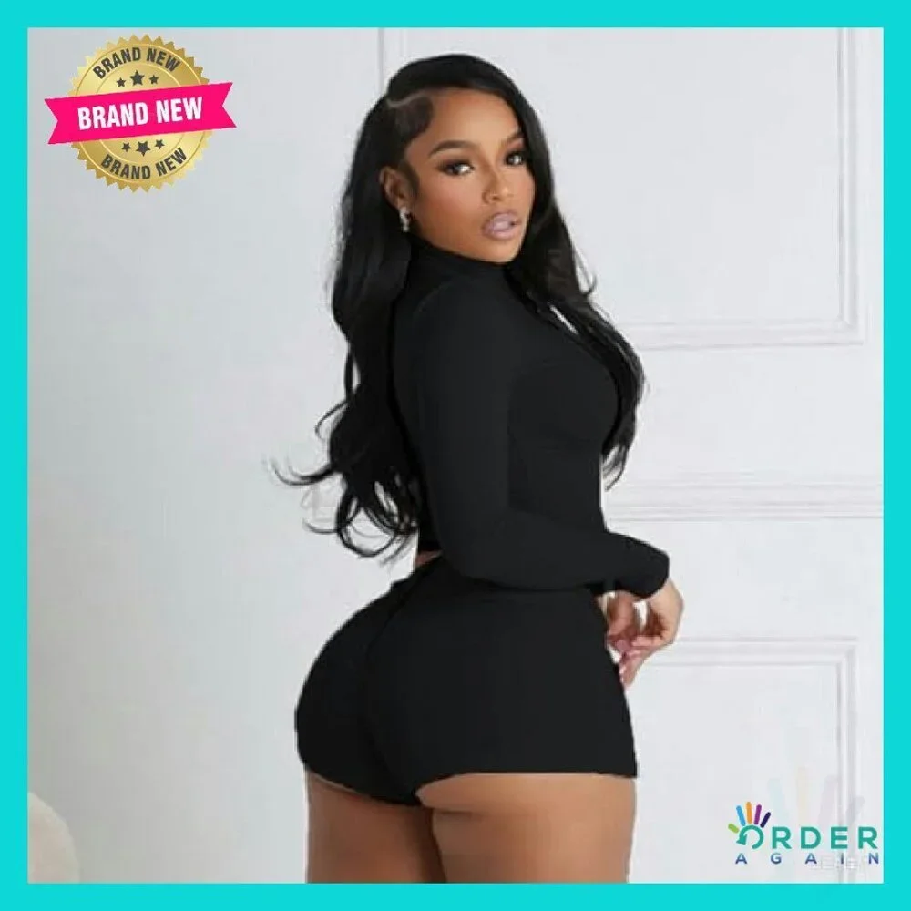 Sexy Stretchy Two Piece Club Outfit Long Sleeve Top Shorts Set Y2K